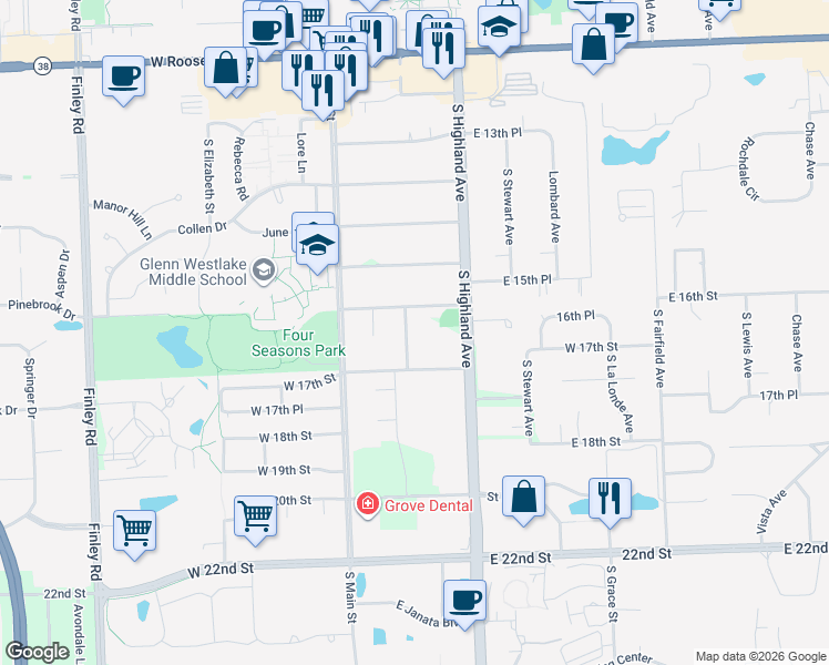 map of restaurants, bars, coffee shops, grocery stores, and more near 1627 South Norbury Avenue in Lombard