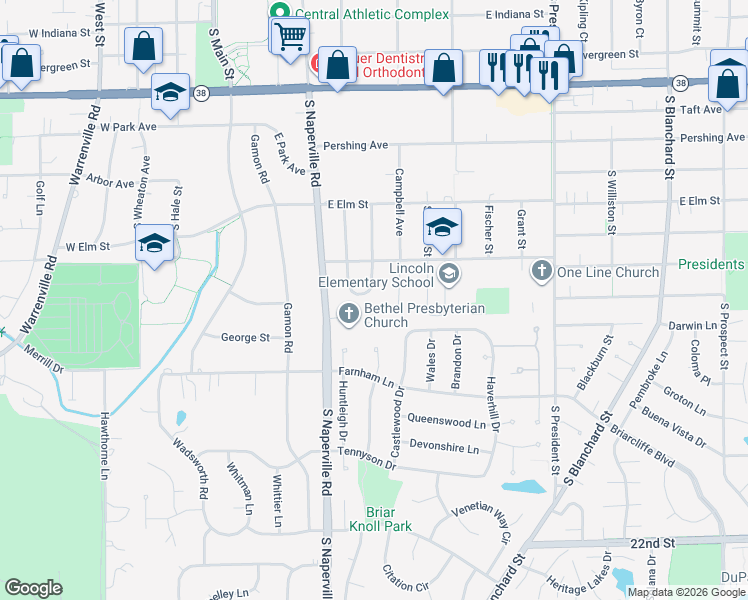 map of restaurants, bars, coffee shops, grocery stores, and more near 1344 Campbell Avenue in Wheaton