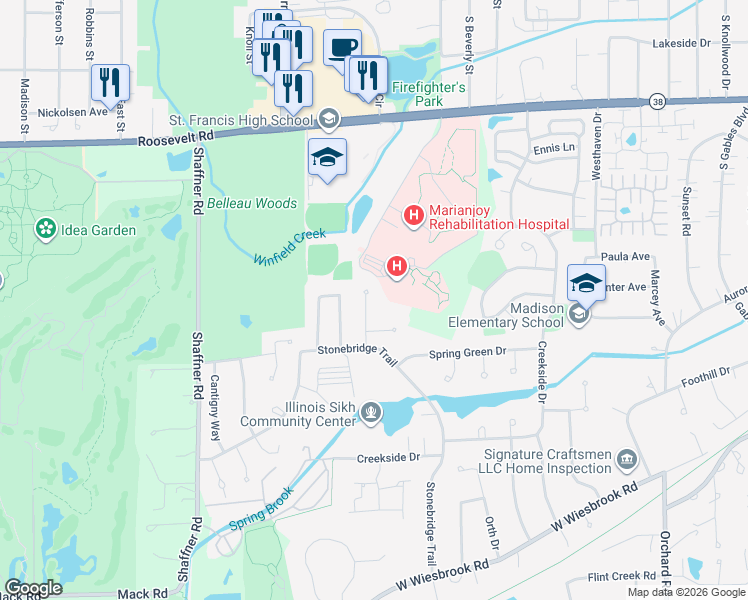 map of restaurants, bars, coffee shops, grocery stores, and more near 2125 Aberdeen Court in Wheaton
