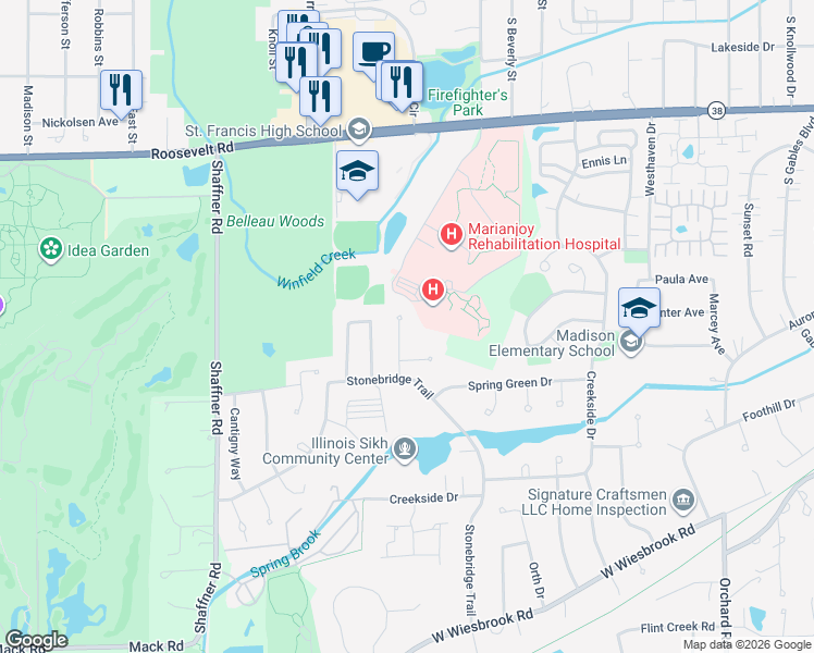 map of restaurants, bars, coffee shops, grocery stores, and more near 2125 Aberdeen Court in Wheaton