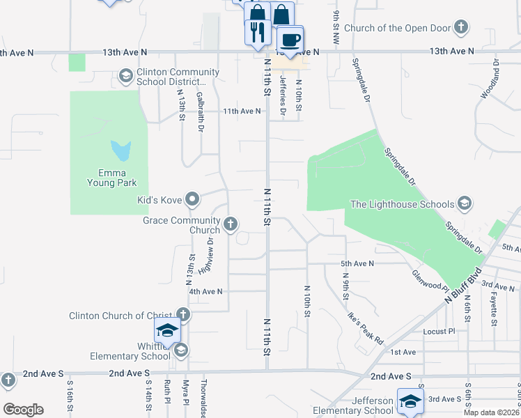 map of restaurants, bars, coffee shops, grocery stores, and more near 700-718 North 11th Street in Clinton