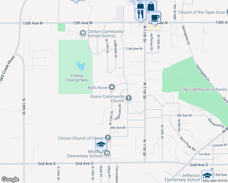 map of restaurants, bars, coffee shops, grocery stores, and more near 609-739 North 13th Street in Clinton