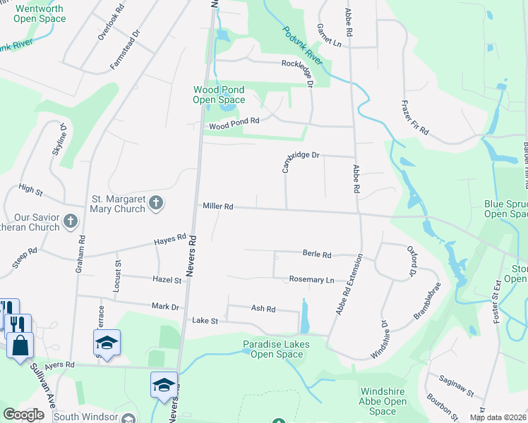 map of restaurants, bars, coffee shops, grocery stores, and more near 99 Miller Road in South Windsor