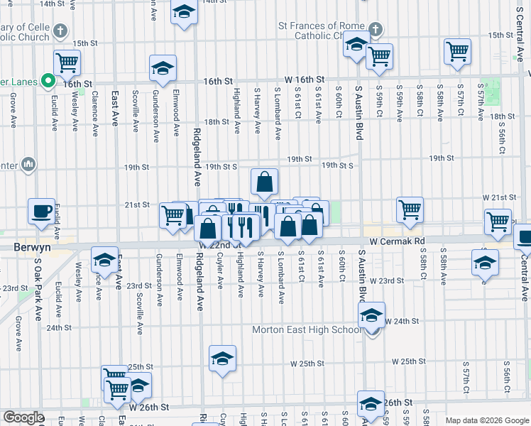 map of restaurants, bars, coffee shops, grocery stores, and more near 2130 South Harvey Avenue in Berwyn