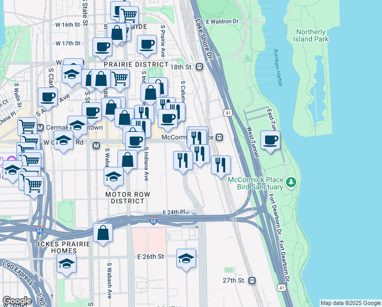 map of restaurants, bars, coffee shops, grocery stores, and more near 2233 South Doctor Martin Luther King Junior Drive in Chicago