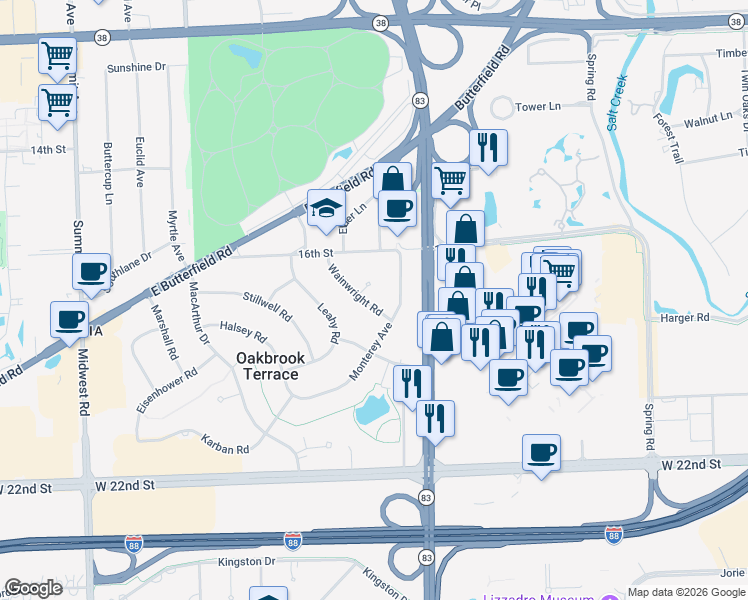 map of restaurants, bars, coffee shops, grocery stores, and more near 1S481 Wainwright Road in Oakbrook Terrace