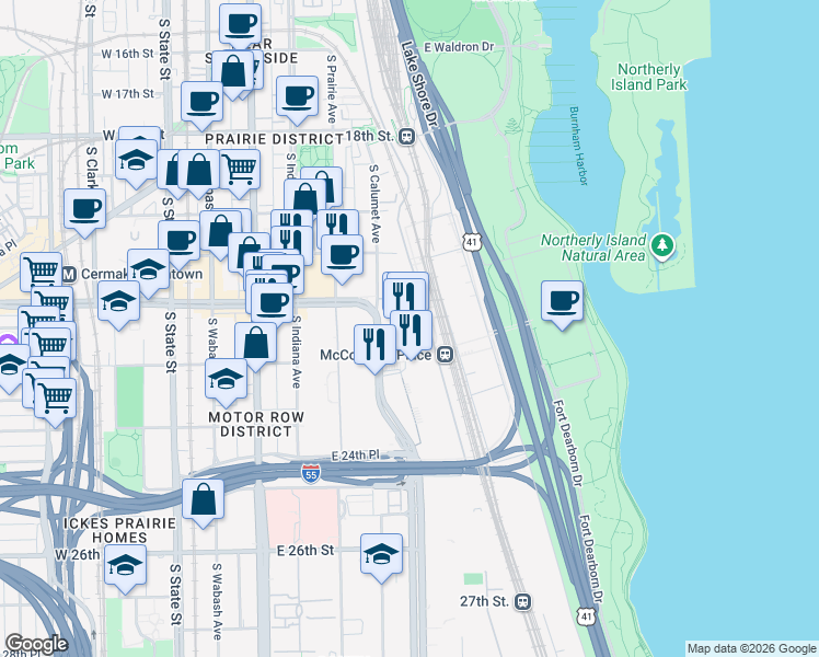 map of restaurants, bars, coffee shops, grocery stores, and more near 2233 South Doctor Martin Luther King Junior Drive in Chicago