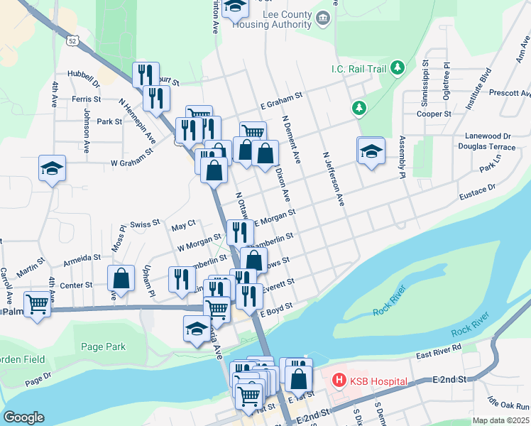 map of restaurants, bars, coffee shops, grocery stores, and more near 524 North Ottawa Avenue in Dixon