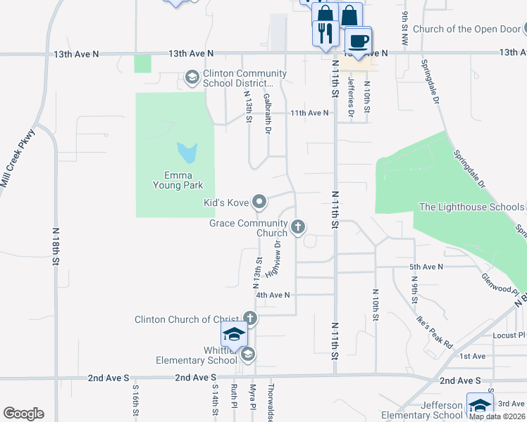 map of restaurants, bars, coffee shops, grocery stores, and more near 609-739 North 13th Street in Clinton