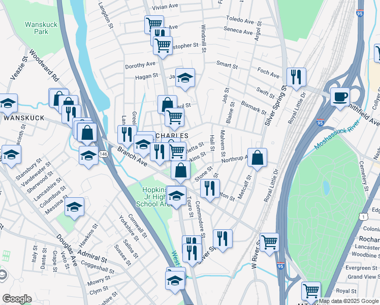 map of restaurants, bars, coffee shops, grocery stores, and more near 37 Marietta Street in Providence