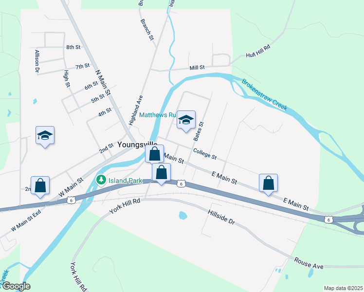 map of restaurants, bars, coffee shops, grocery stores, and more near 227 College Street in Youngsville