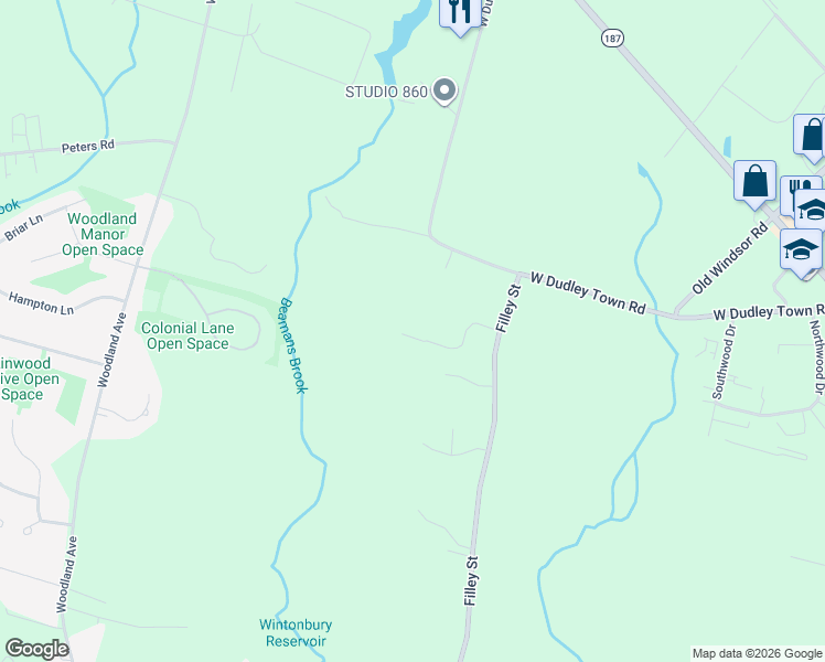 map of restaurants, bars, coffee shops, grocery stores, and more near 95 Filley Street in Bloomfield