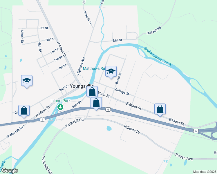 map of restaurants, bars, coffee shops, grocery stores, and more near 227 College Street in Youngsville
