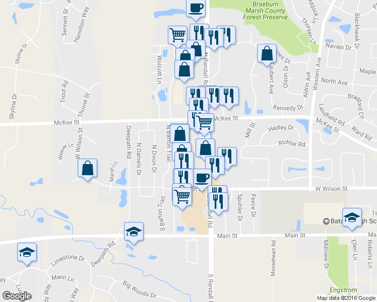 map of restaurants, bars, coffee shops, grocery stores, and more near 115 North Randall Road in Batavia