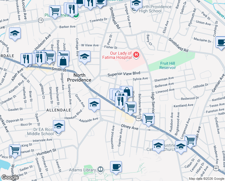 map of restaurants, bars, coffee shops, grocery stores, and more near 10 Lookout Avenue in North Providence