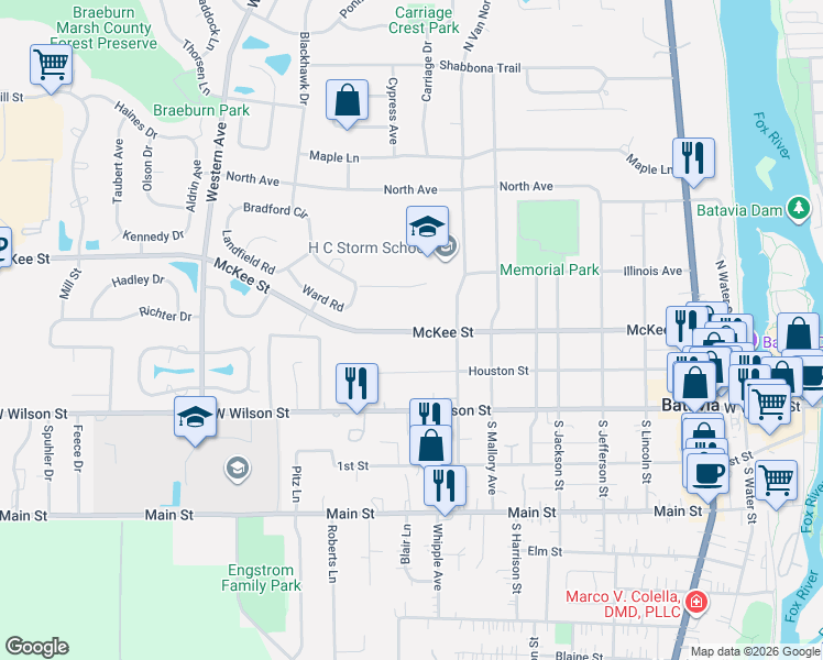 map of restaurants, bars, coffee shops, grocery stores, and more near 1000 McKee Street in Batavia