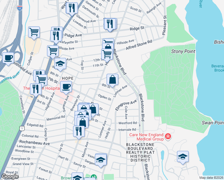 map of restaurants, bars, coffee shops, grocery stores, and more near 166 Lorimer Avenue in Providence