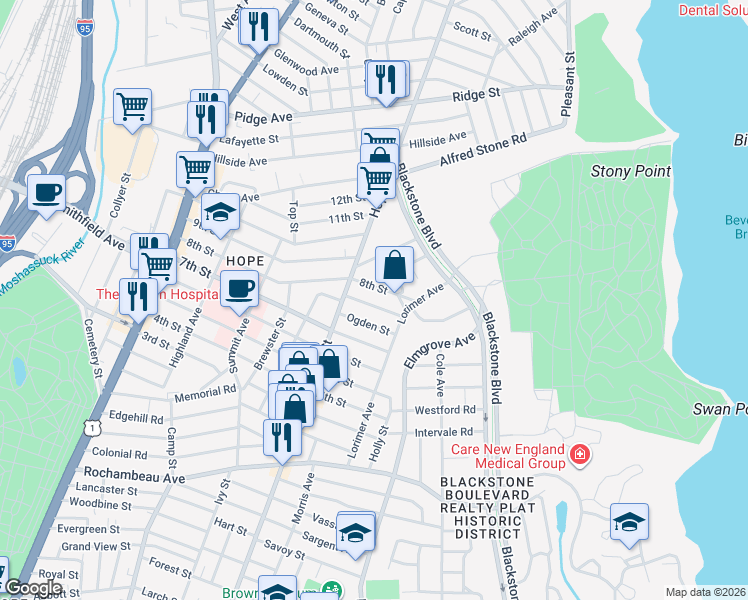 map of restaurants, bars, coffee shops, grocery stores, and more near 28 Ogden Street in Providence
