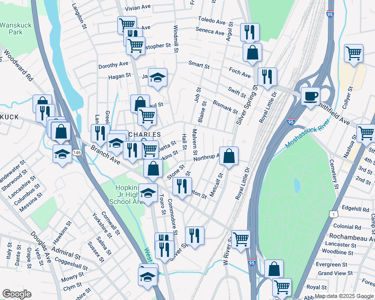 map of restaurants, bars, coffee shops, grocery stores, and more near 18 Luna Street in Providence