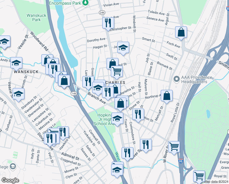 map of restaurants, bars, coffee shops, grocery stores, and more near 2 Russo Street in Providence