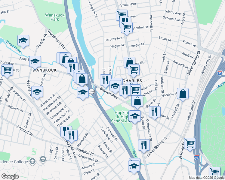 map of restaurants, bars, coffee shops, grocery stores, and more near 521 Branch Avenue in Providence