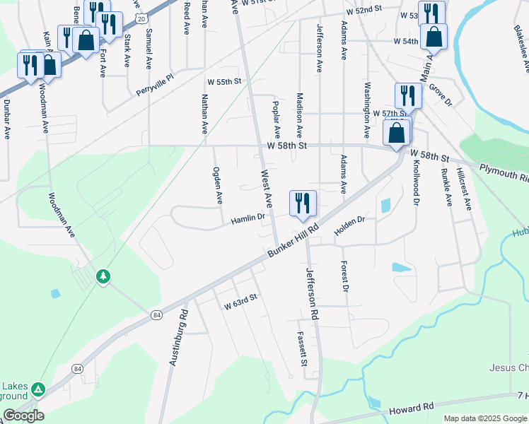 map of restaurants, bars, coffee shops, grocery stores, and more near 6017 West Avenue in Ashtabula