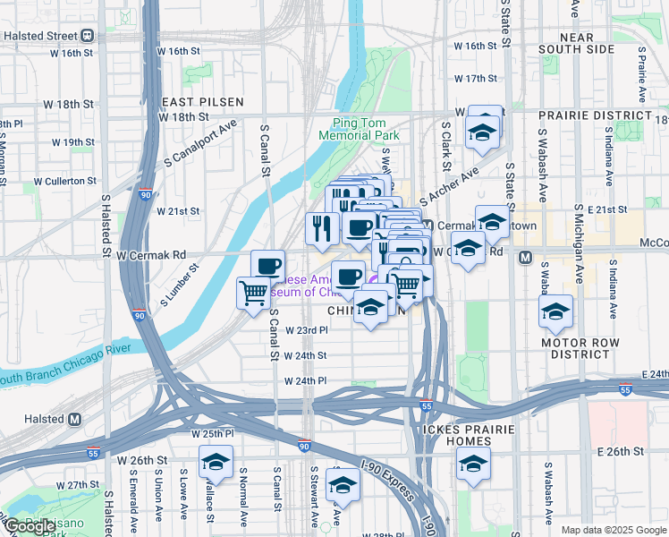 map of restaurants, bars, coffee shops, grocery stores, and more near 2237 South Archer Avenue in Chicago