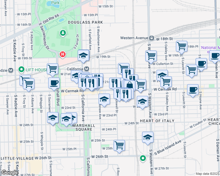 map of restaurants, bars, coffee shops, grocery stores, and more near 2617 West Cermak Road in Chicago