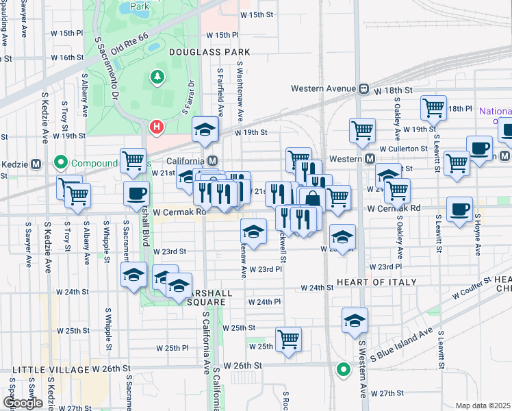map of restaurants, bars, coffee shops, grocery stores, and more near 2617 West Cermak Road in Chicago