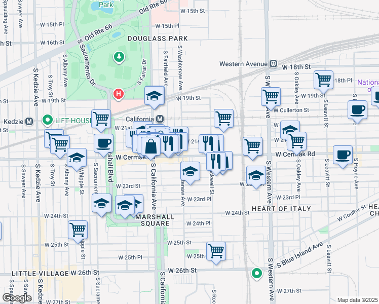 map of restaurants, bars, coffee shops, grocery stores, and more near 2216 South Washtenaw Avenue in Chicago