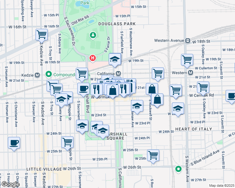 map of restaurants, bars, coffee shops, grocery stores, and more near 2745 West Cermak Road in Chicago
