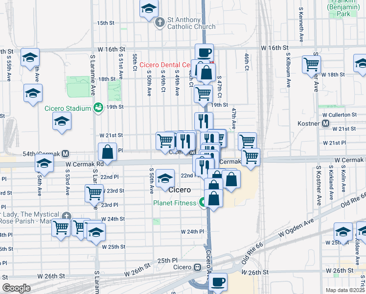 map of restaurants, bars, coffee shops, grocery stores, and more near 4902 West Cermak Road in Cicero