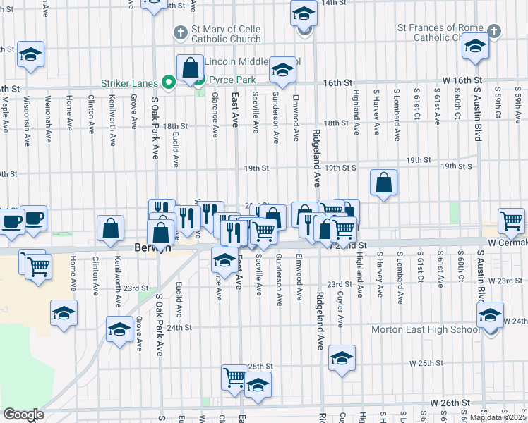 map of restaurants, bars, coffee shops, grocery stores, and more near 2126 Scoville Avenue in Berwyn