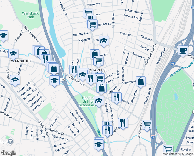 map of restaurants, bars, coffee shops, grocery stores, and more near 590 1/2 Charles Street in Providence
