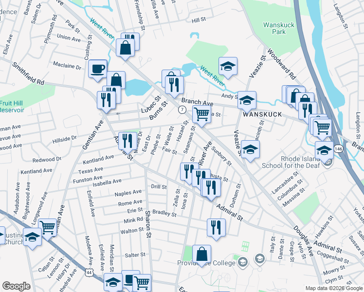 map of restaurants, bars, coffee shops, grocery stores, and more near 84 Seamans Street in Providence