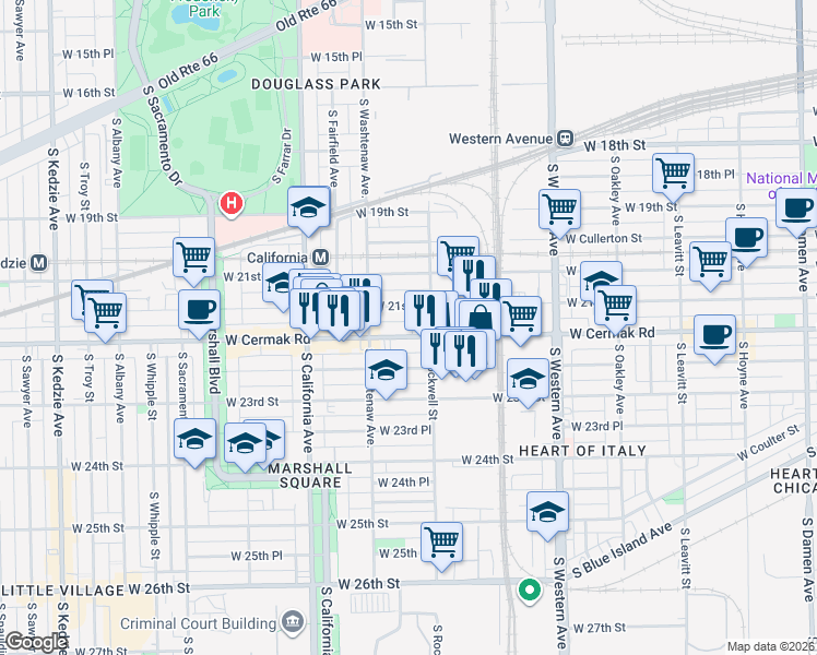 map of restaurants, bars, coffee shops, grocery stores, and more near 2617 West Cermak Road in Chicago