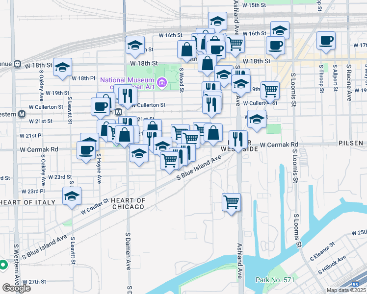 map of restaurants, bars, coffee shops, grocery stores, and more near W Cermak Rd & S Wood St in Chicago