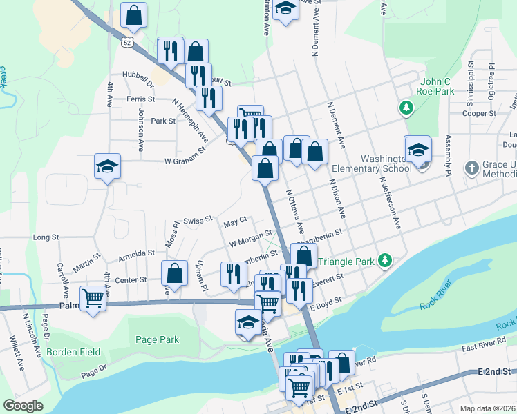 map of restaurants, bars, coffee shops, grocery stores, and more near 701 North Galena Avenue in Dixon
