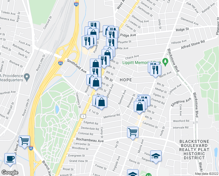 map of restaurants, bars, coffee shops, grocery stores, and more near 25 7th Street in Providence