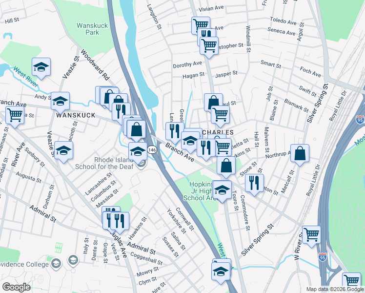 map of restaurants, bars, coffee shops, grocery stores, and more near 27 Langdon Street in Providence