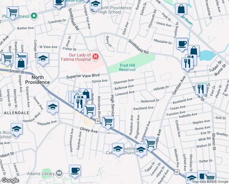 map of restaurants, bars, coffee shops, grocery stores, and more near 111 High Service Avenue in North Providence