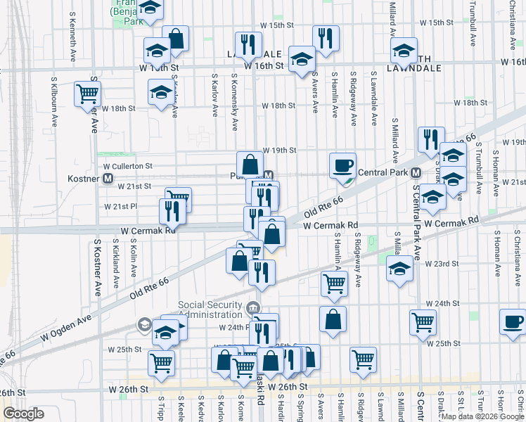 map of restaurants, bars, coffee shops, grocery stores, and more near 2113 South Pulaski Road in Chicago
