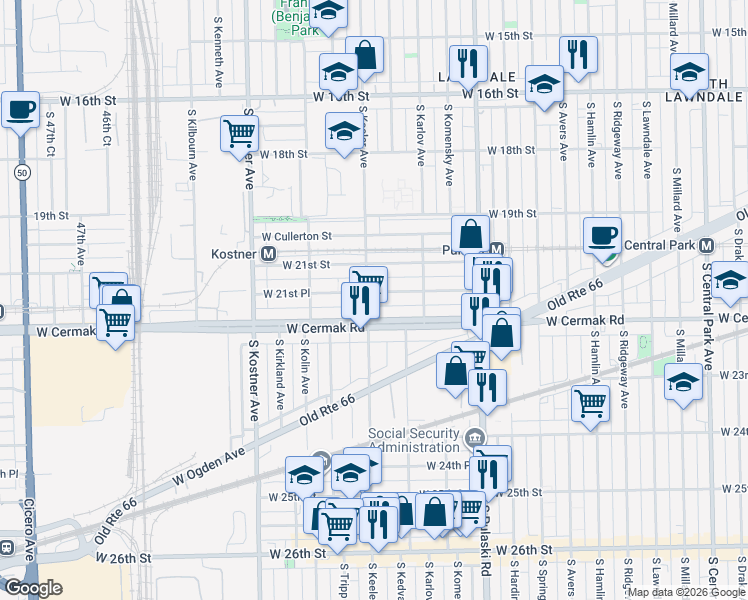 map of restaurants, bars, coffee shops, grocery stores, and more near 4147 West 21st Street in Chicago