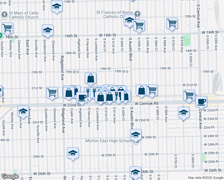 map of restaurants, bars, coffee shops, grocery stores, and more near 1933 South 61st Court in Cicero
