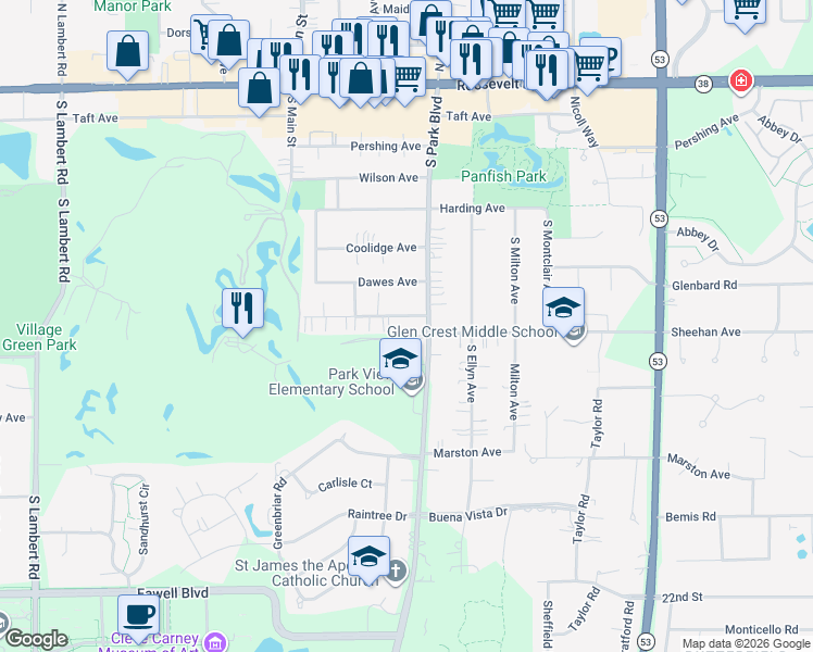 map of restaurants, bars, coffee shops, grocery stores, and more near 586 Lowden Avenue in Glen Ellyn