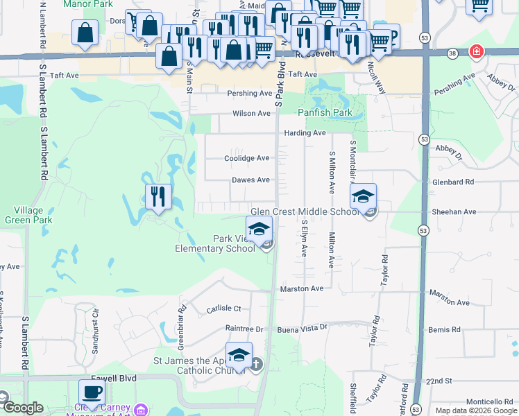 map of restaurants, bars, coffee shops, grocery stores, and more near 586 Lowden Avenue in Glen Ellyn