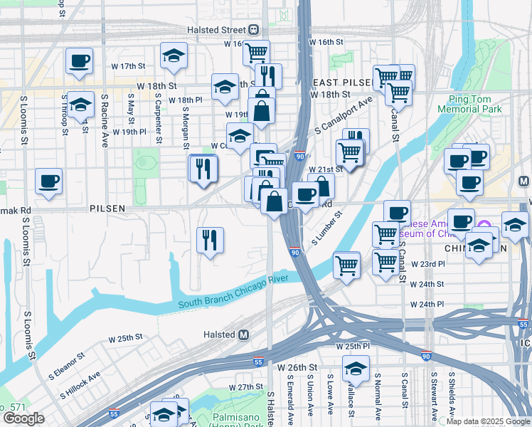 map of restaurants, bars, coffee shops, grocery stores, and more near 2143 South Halsted Street in Chicago