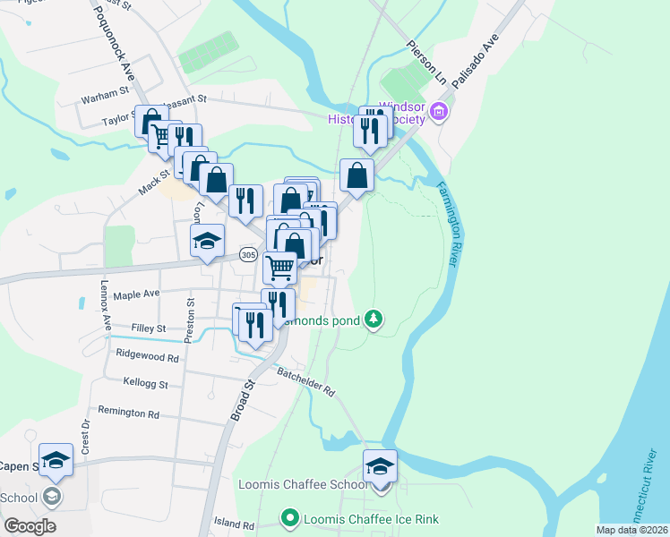 map of restaurants, bars, coffee shops, grocery stores, and more near 33 Mechanic Street in Windsor