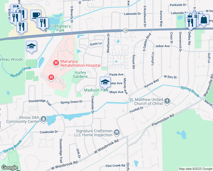 map of restaurants, bars, coffee shops, grocery stores, and more near 1207 Westhaven Drive in Wheaton