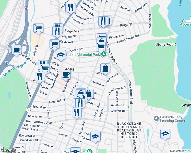map of restaurants, bars, coffee shops, grocery stores, and more near 210 8th Street in Providence